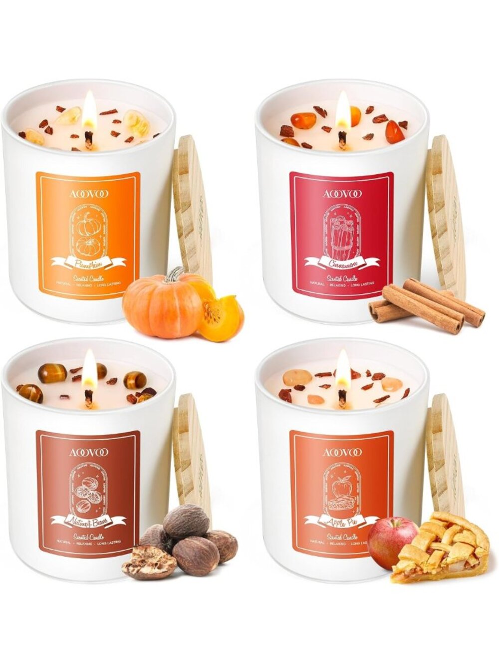 4 Pack Fall Scented Candles - Aromatherapy with Crystals, Long Lasting 200 Hours